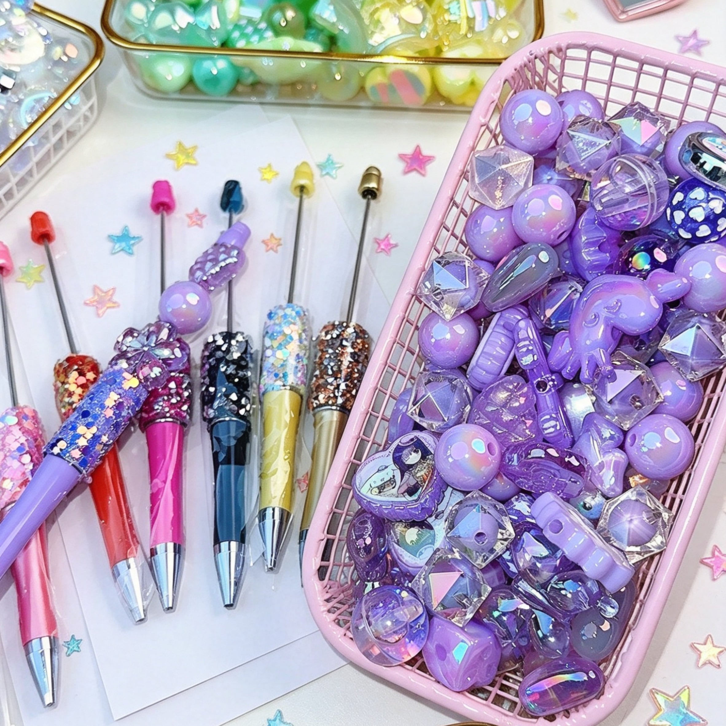 Lavender Haze Spell DIY Beads , Includes 4 Random‑Color Beadable Pens, Bonus Extra‑Long Pen Barrels For Beading Crafts